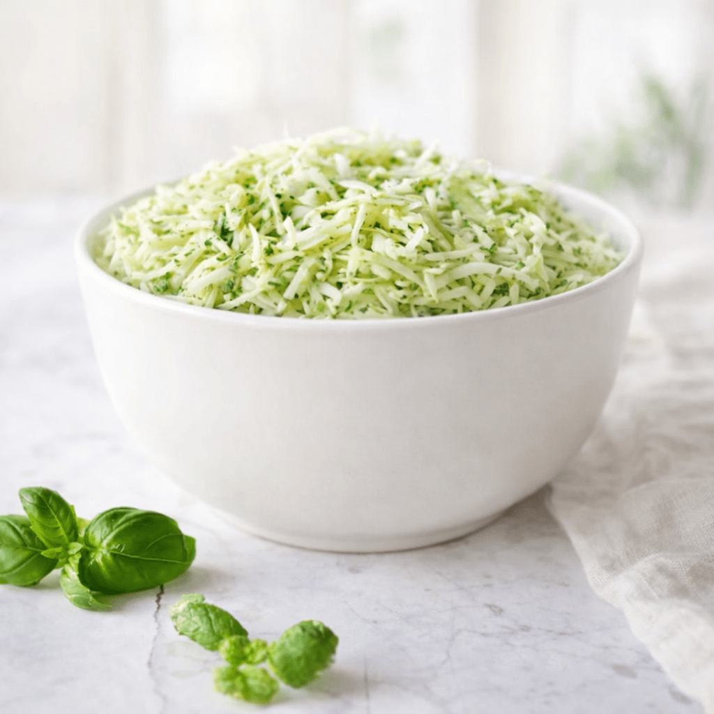 Raikas hölskykaalisalaatti vaaleassa kulhossa, hienoksi suikaloitua kaalia ja yrttejä skandinaavisessa, valoisassa ympäristössä