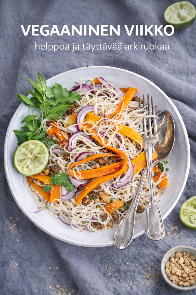 vegaaninen nuudelisalaatti härkiksellä ja kasviksilla, helppo arkiruoka