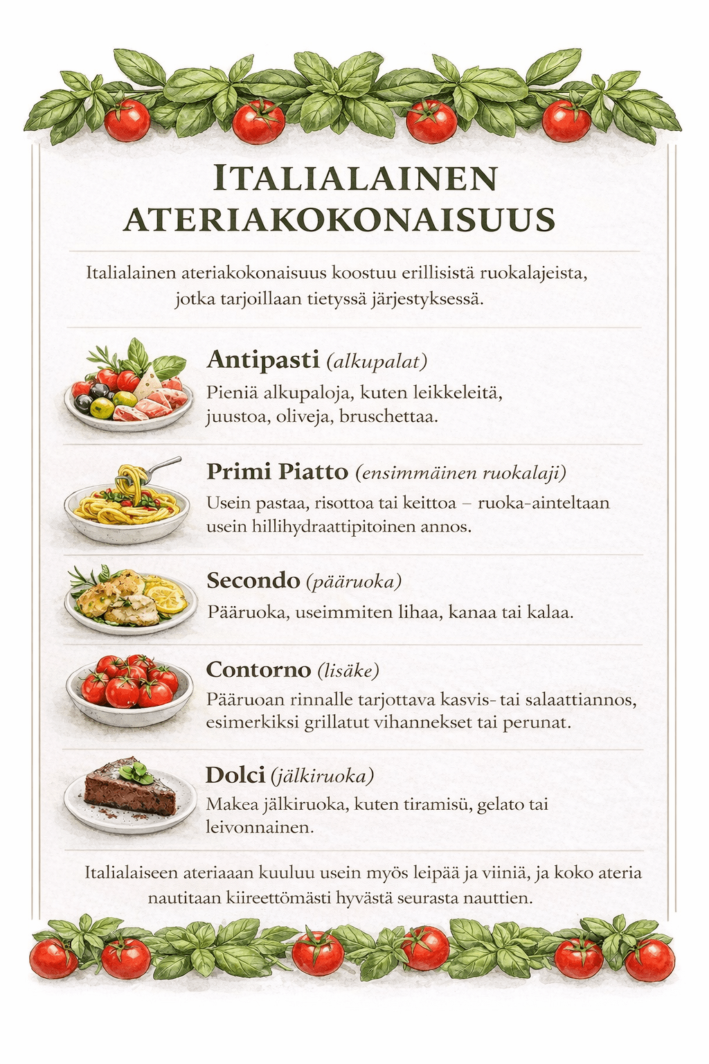 Kasiluokkalaisten valinnainen italianruokakurssi: Italialainen&nbsp;ateria