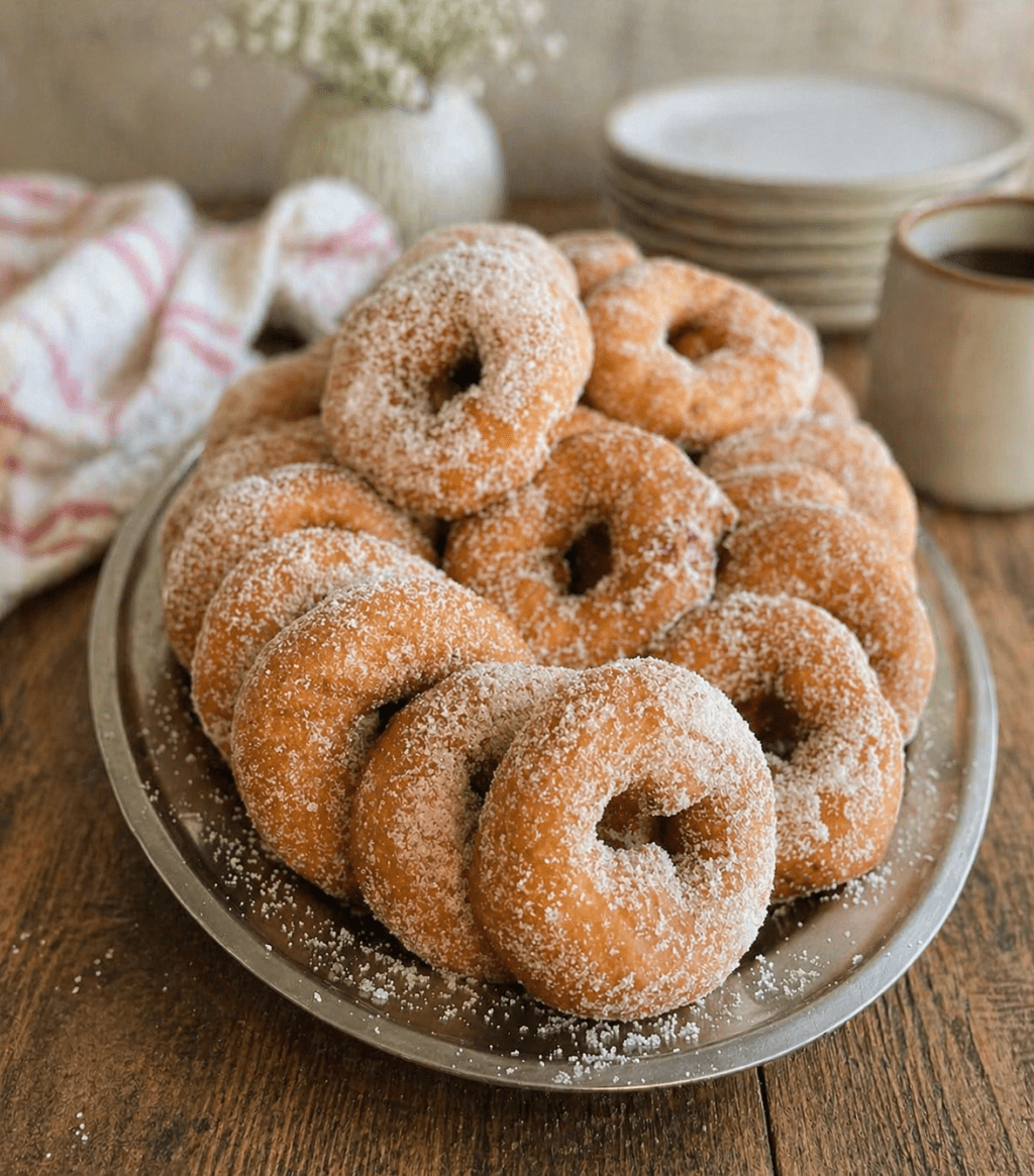 Sokerissa pyöriteltyjä vegaanisia vappumunkkeja tarjoiluvadilla.