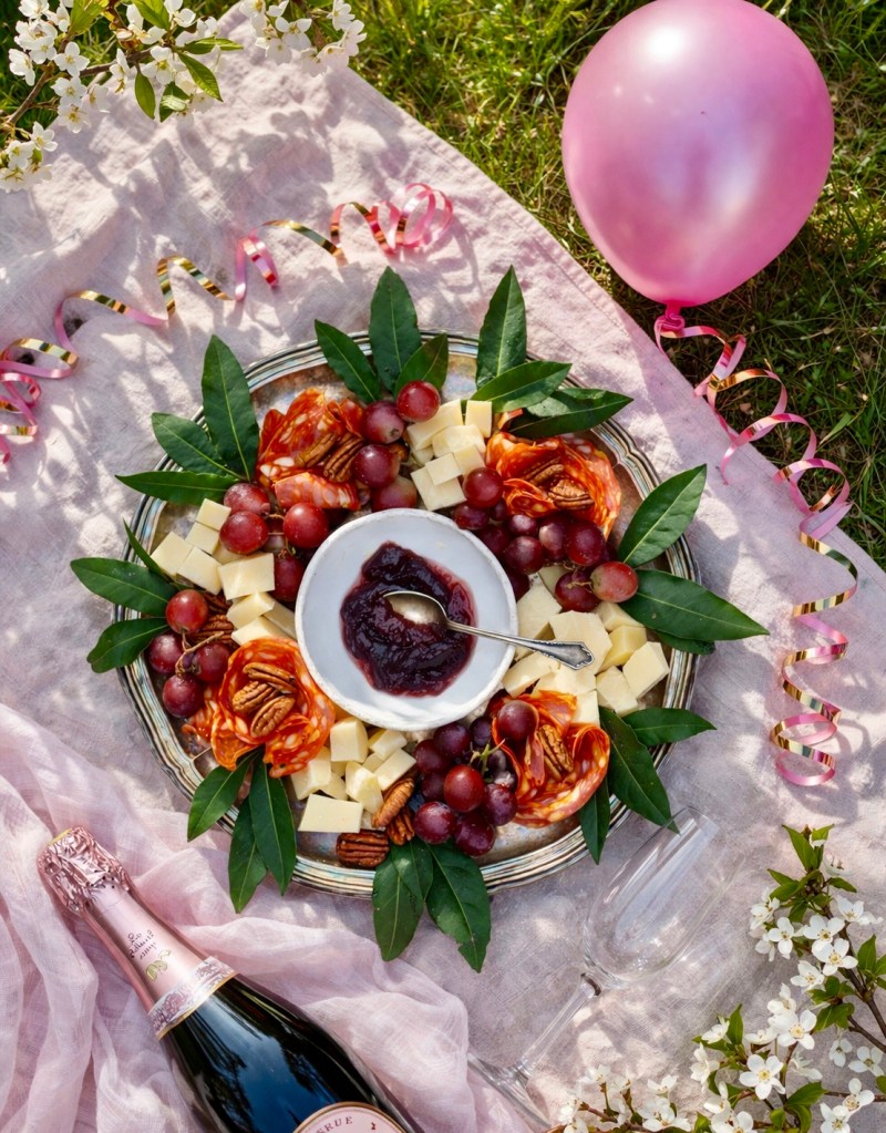 Tapasvati juustoilla, salameilla, rypäleillä ja hillolla vappujuhlassa, taustalla serpentiini ja ilmapallo.