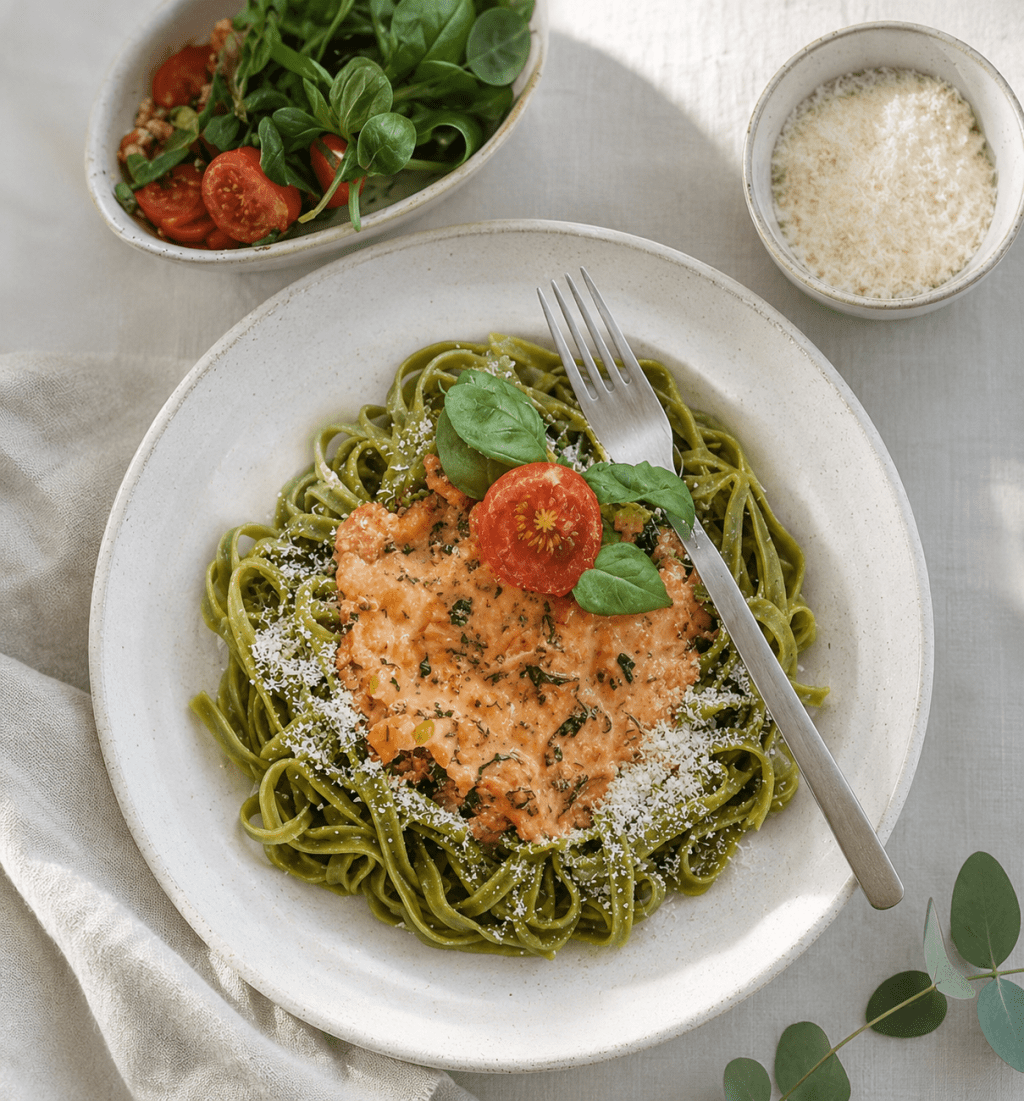 Kermainen lohi-korvasienipasta