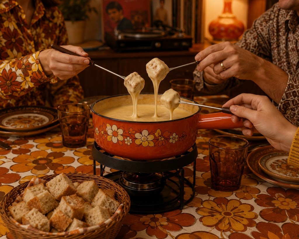 1970-luvun vieraspöytä – fonduepata keskelle&nbsp;pöytää